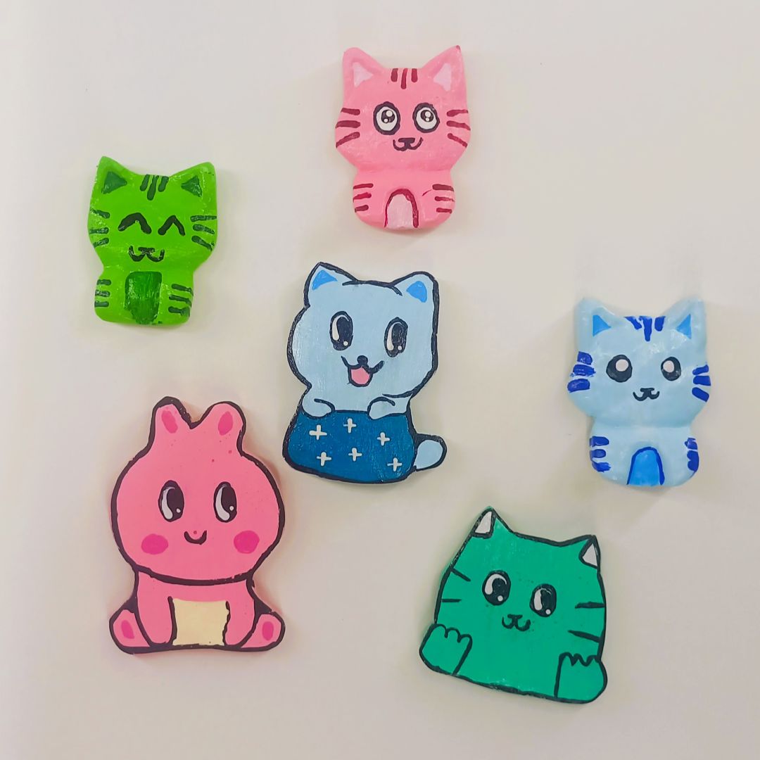 El Yapımı Sevimli Kedi ve Tavşan Buzdolabı Magnetleri (6'lı Set)